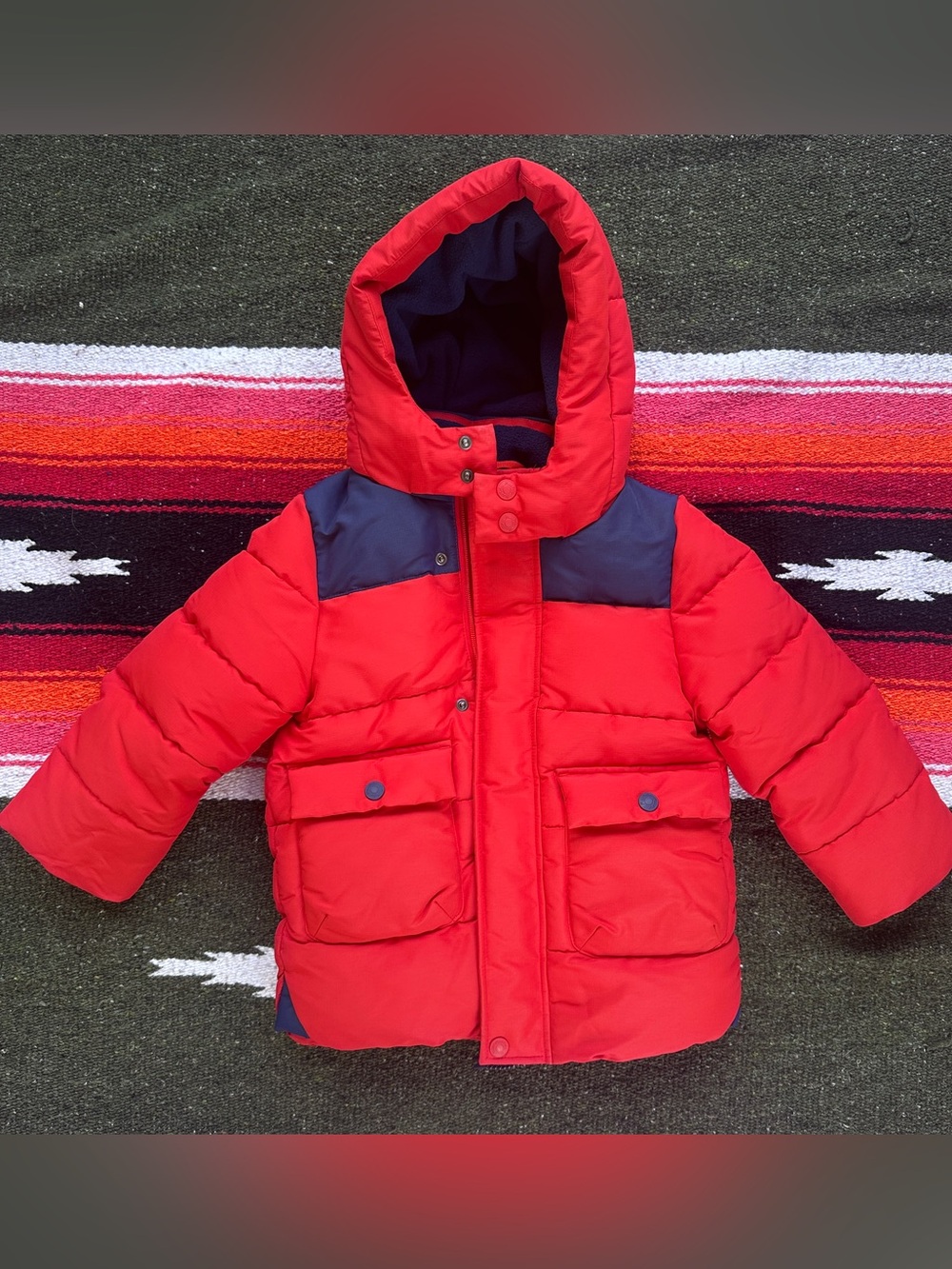 Mini Boden Fleece Lined Padded Boys Red and Navy Hooded Jacket